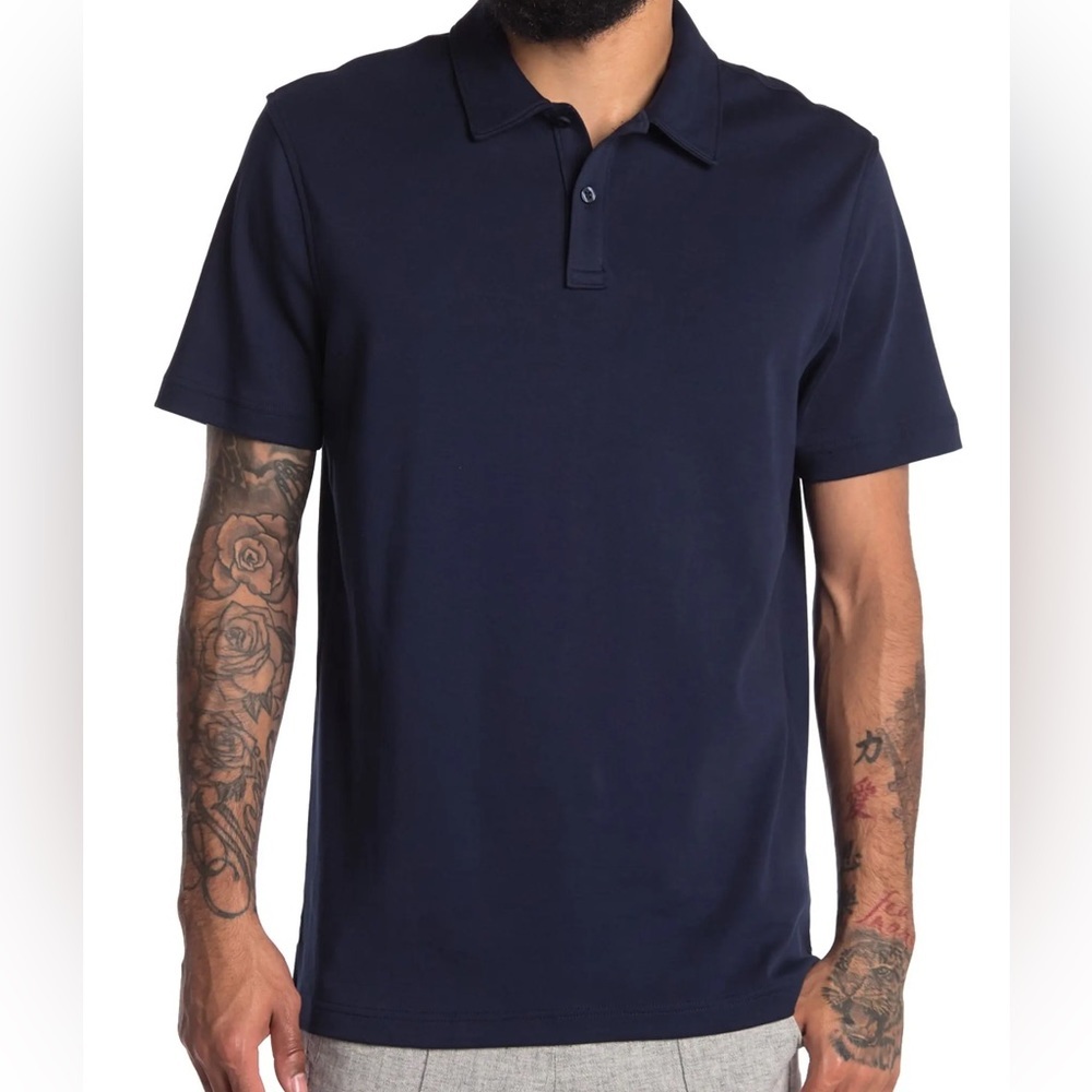 Nordstrom Solid Interlock Polo Short Sleeve Shirt Navy Blue Cotton Size‎ Large L